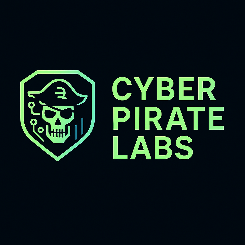 Cyber Pirate Labs — green geometric shield and wordmark on dark navy